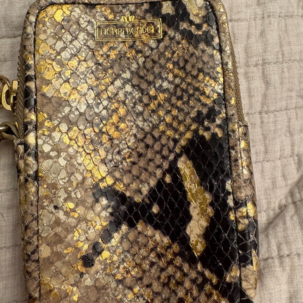 Henri bendel faux python and anaconda wrislet clutch credit cards cash lipstick
